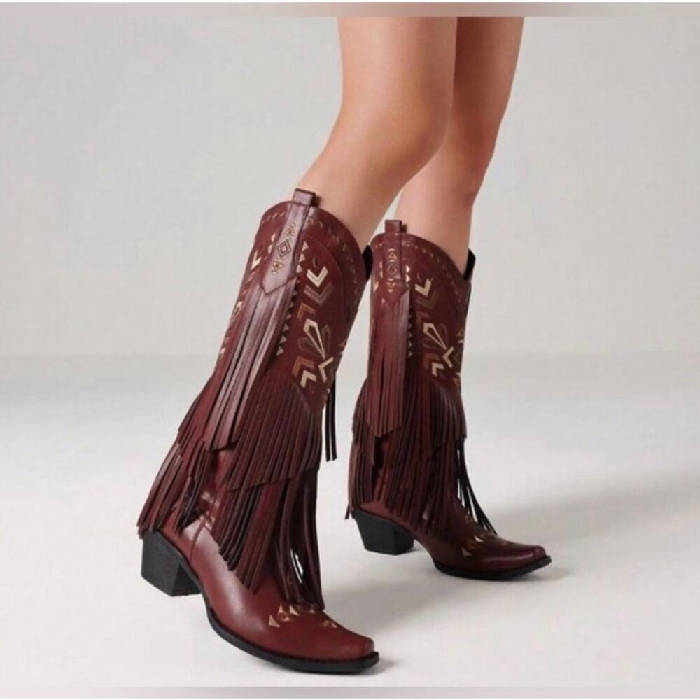 Women’s Burgundy Red Bohemian Cowgirl Western Boots Fringe Tassel Size 8.5